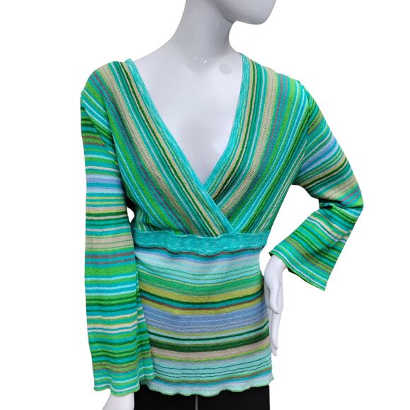 Sigrid Olsen Fine Knit Tunic Top Size Large Long Sleeve Stripes Green Faux Wrap - Picture 2 of 6
